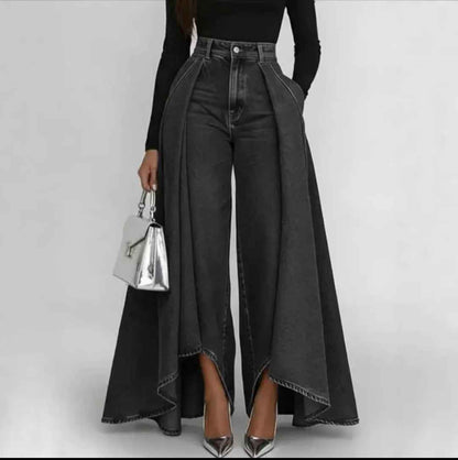 Flared Handkerchief-Hem Wide-Leg Denim