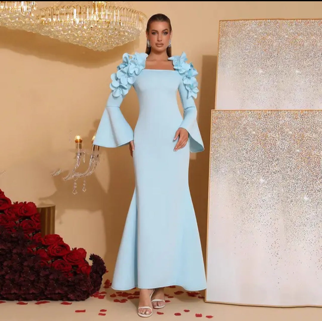 3D Floral Shoulder Bell-Sleeve Mermaid Evening Gown - Modernrush.us
