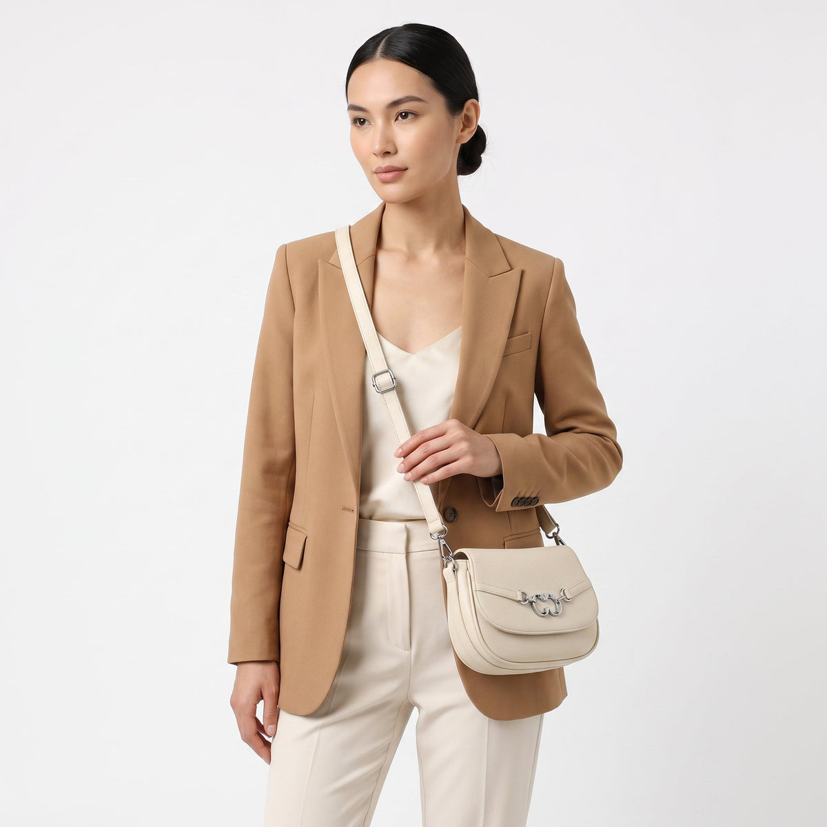 Saddle Bag Charro Beige con Doppio Anello Logo e Tracolla Rimovibile
