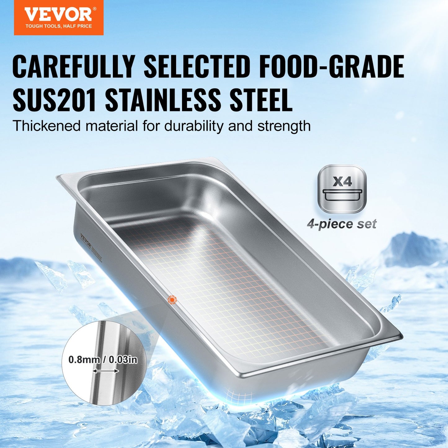 4 Pack Hotel Pans, Full Size Anti-Jam Steam Pan with Lid, 0.8mm Thick