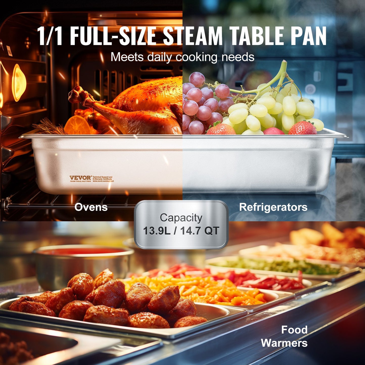 4 Pack Hotel Pans, Full Size Anti-Jam Steam Pan with Lid, 0.8mm Thick