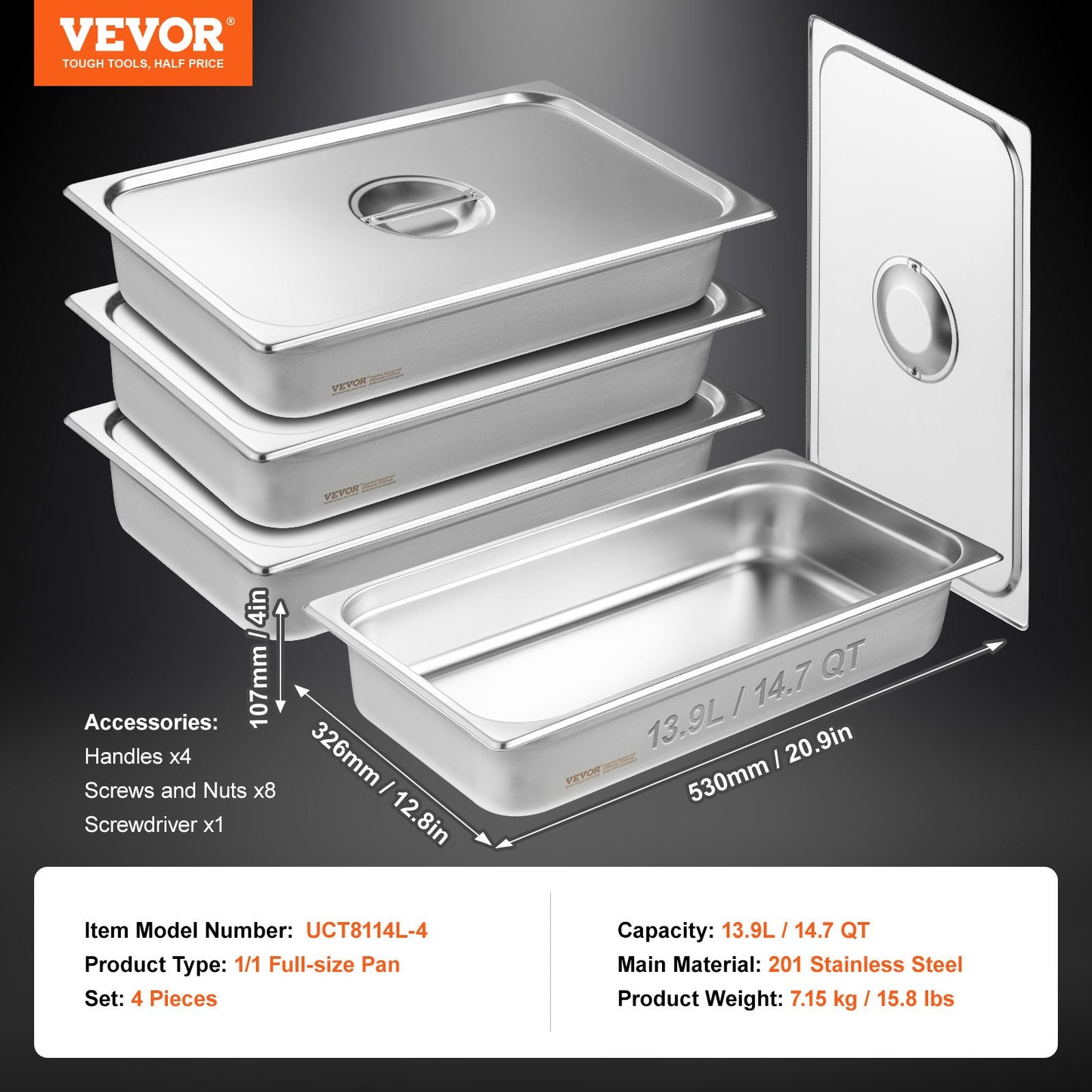 4 Pack Hotel Pans, Full Size Anti-Jam Steam Pan with Lid, 0.8mm Thick