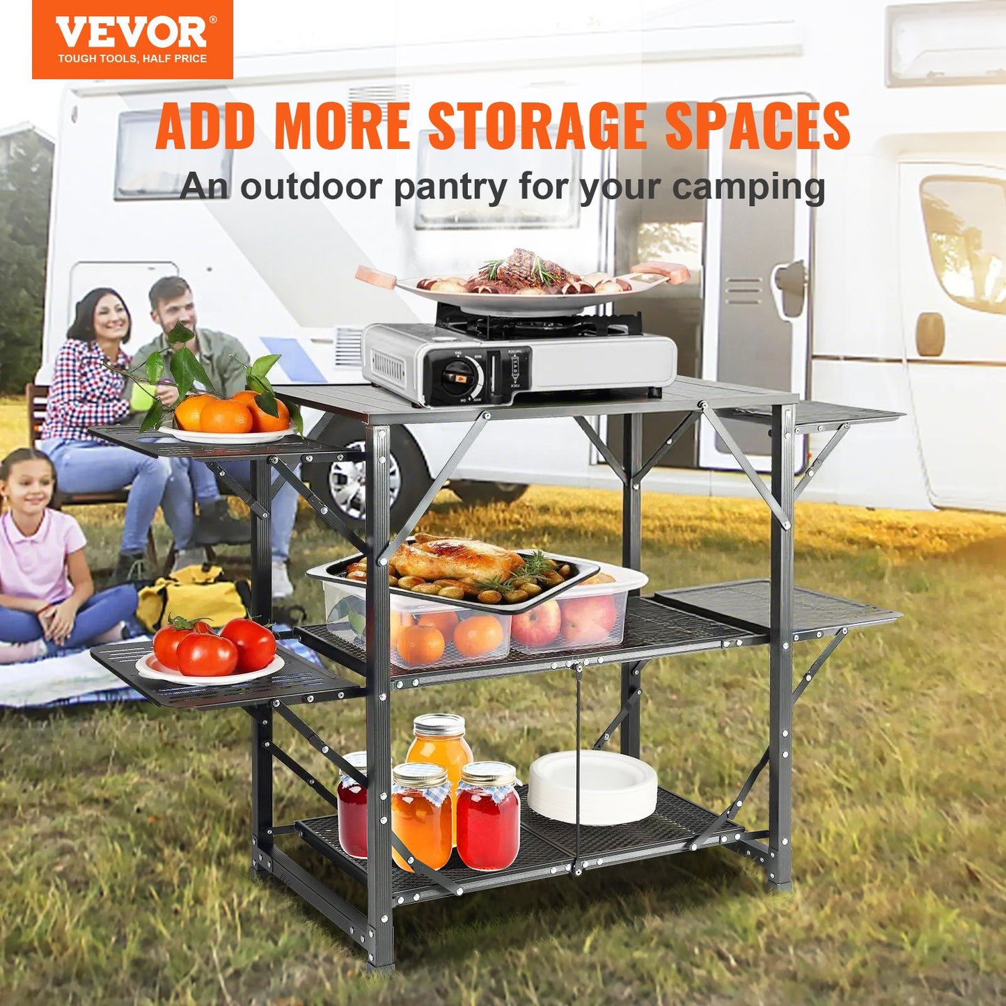 Camping Kitchen Table, One-piece Folding Portable Cook Station with A