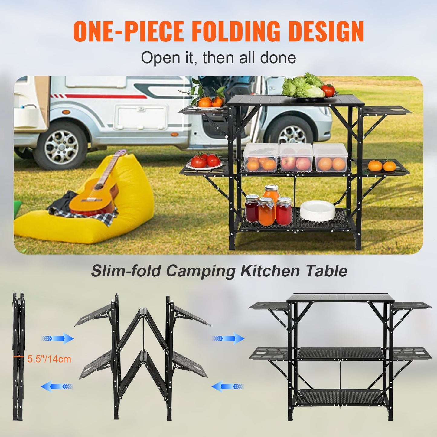 Camping Kitchen Table, One-piece Folding Portable Cook Station with A
