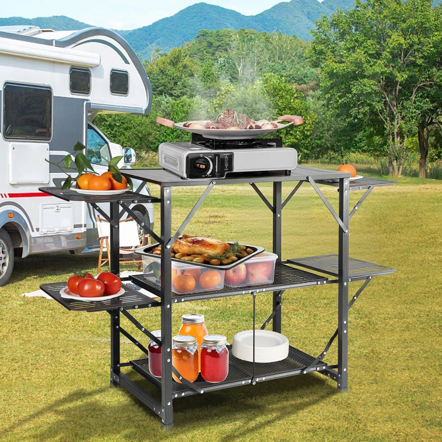 Camping Kitchen Table, One-piece Folding Portable Cook Station with A