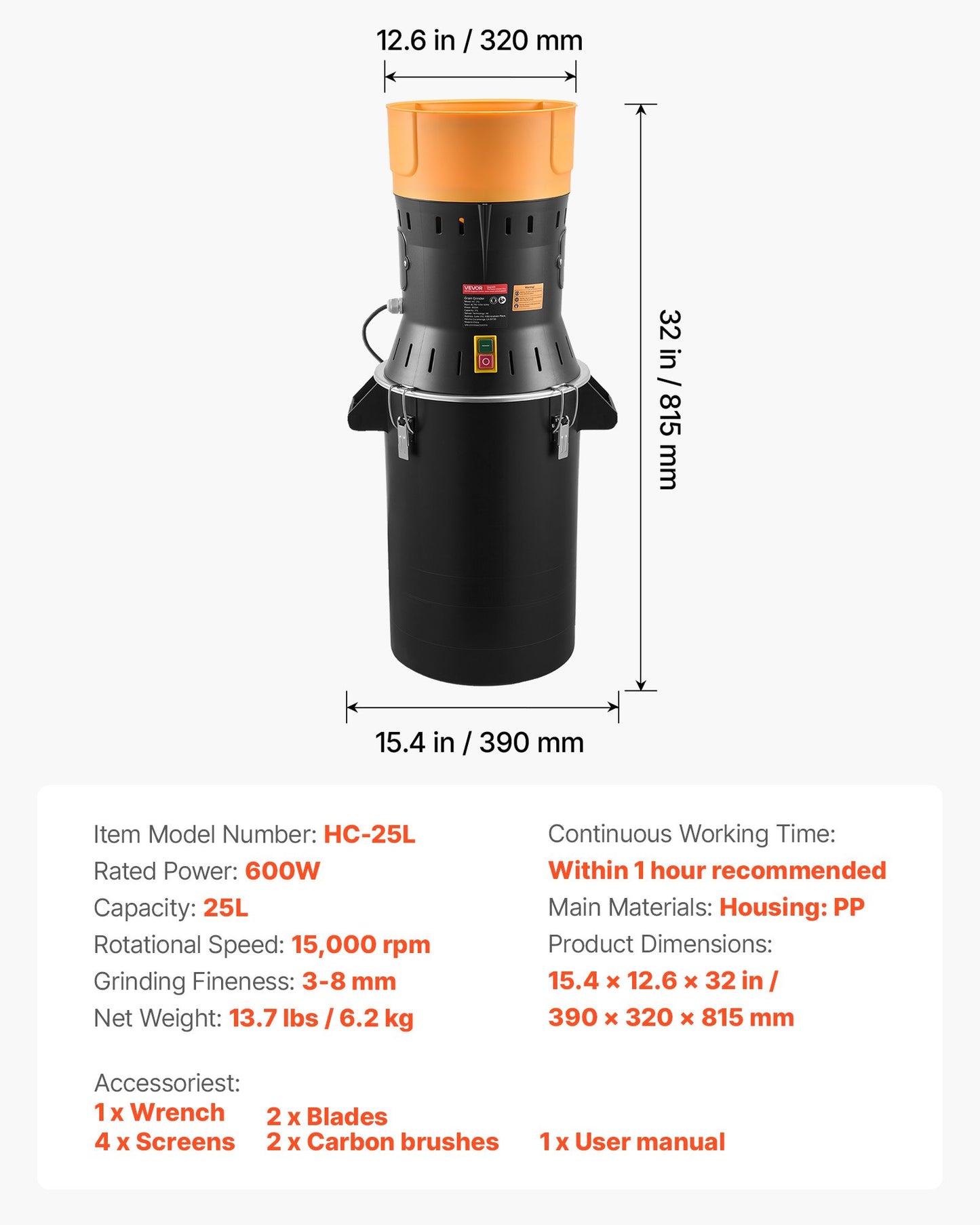 Electric Grain Mill Grinder, 600W High Power Commercial Spice Grinder,