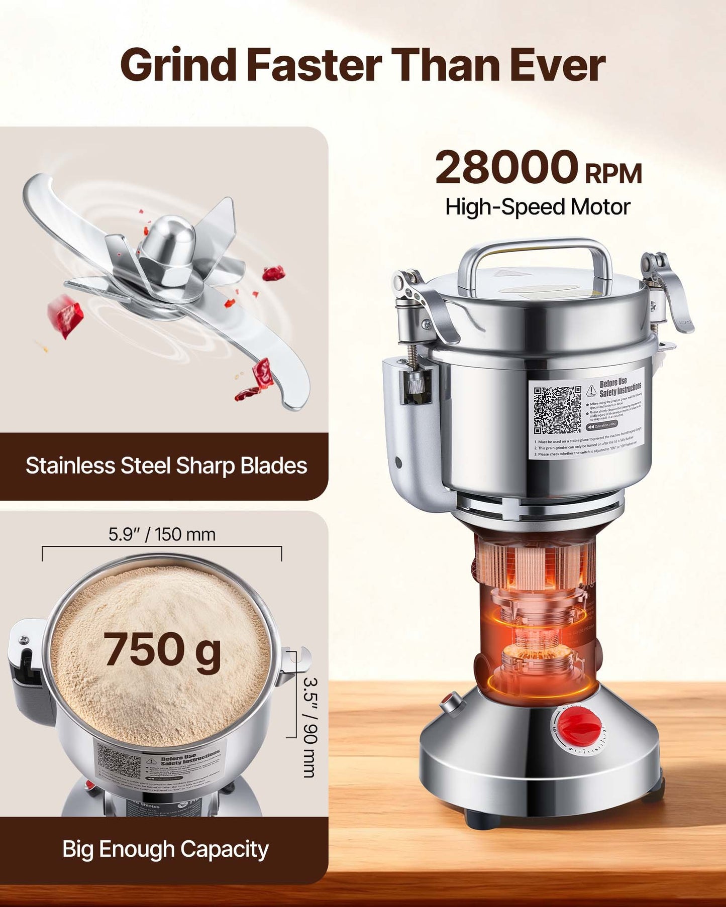 750g Electric Grain Mill Grinder, High Speed 2000W Commercial Spice