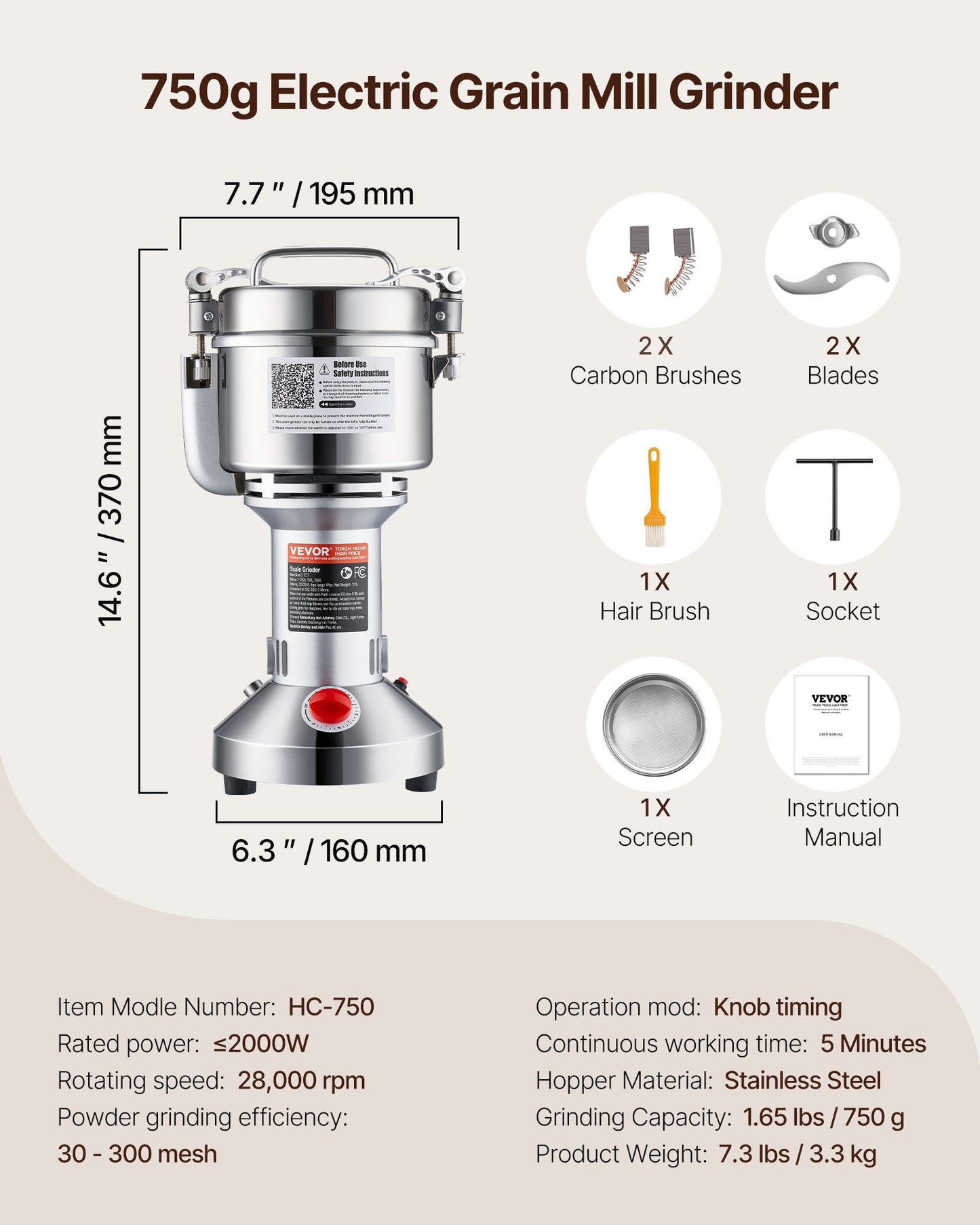 750g Electric Grain Mill Grinder, High Speed 2000W Commercial Spice