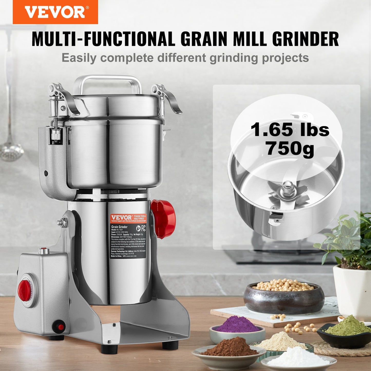 750g Electric Grain Mill Grinder, High Speed 2000W Commercial Spice