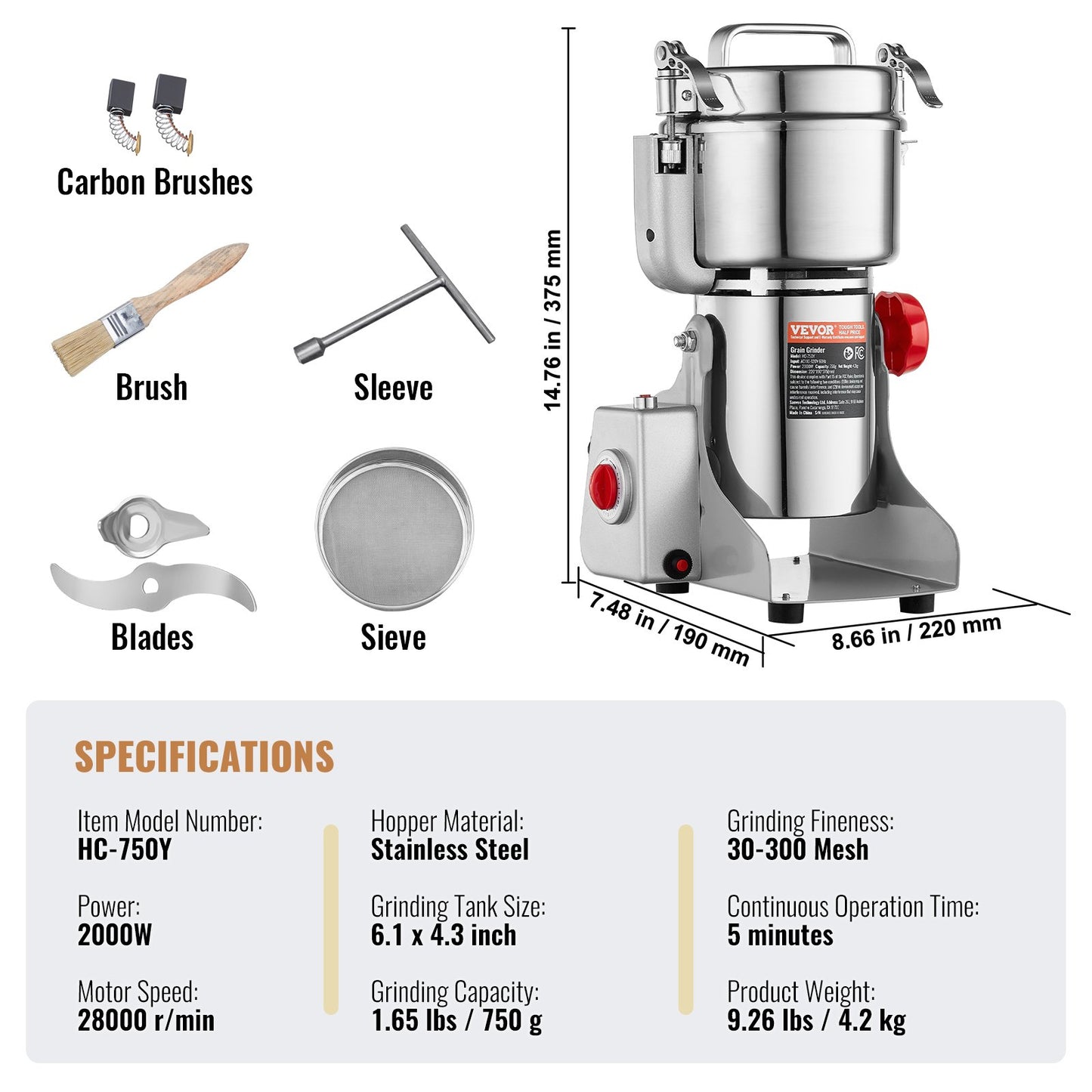 750g Electric Grain Mill Grinder, High Speed 2000W Commercial Spice