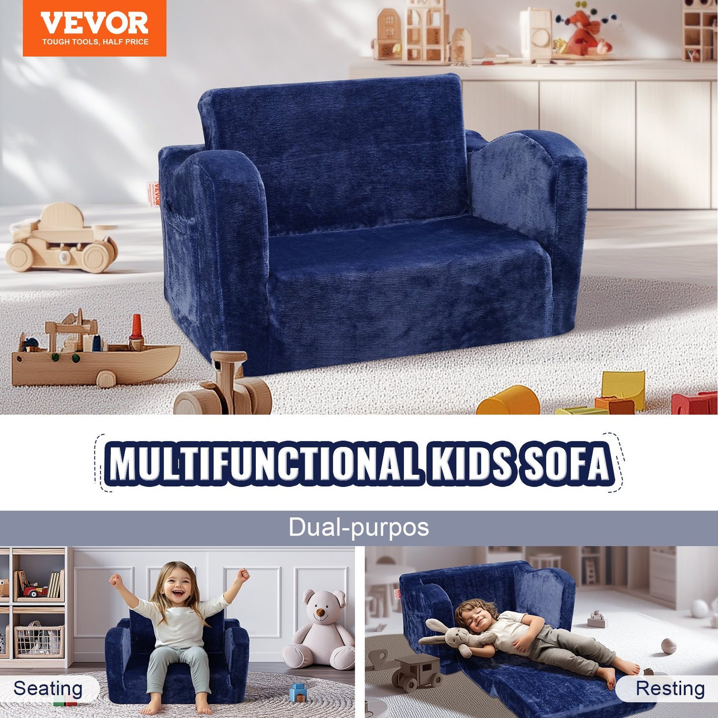 Kids Couch, 2-in-1 Toddler Chairs Comfy, Toddler Couch Sofa Bed Fold