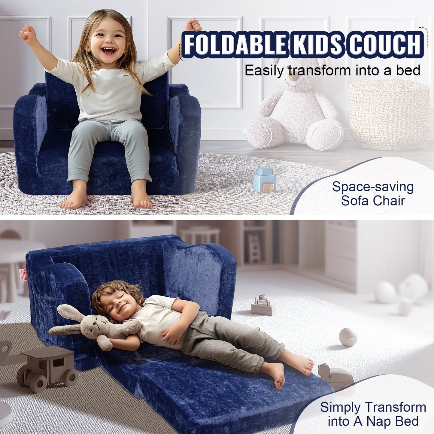 Kids Couch, 2-in-1 Toddler Chairs Comfy, Toddler Couch Sofa Bed Fold