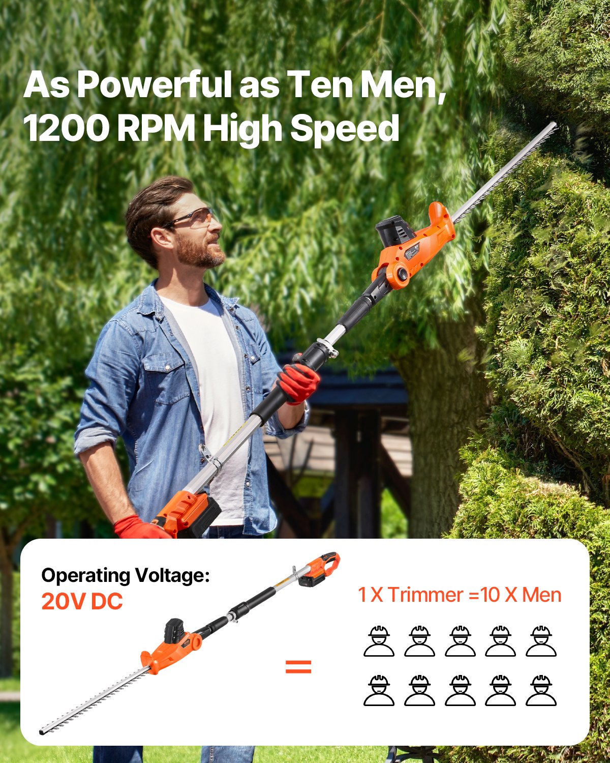Electric Hedge Trimmer, 1200 RPM, 6.2 - 7.8 Ft Extendable, Pole Hedge