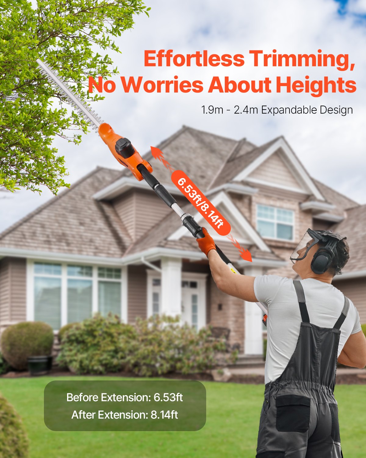 Electric Hedge Trimmer, 1200 RPM, 6.2 - 7.8 Ft Extendable, Pole Hedge