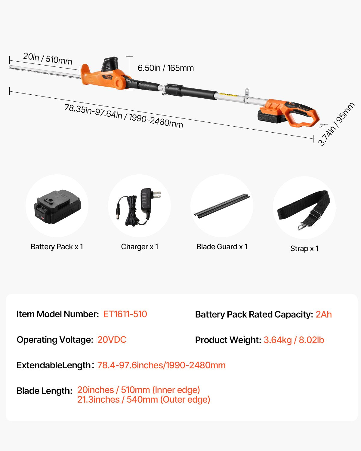 Electric Hedge Trimmer, 1200 RPM, 6.2 - 7.8 Ft Extendable, Pole Hedge