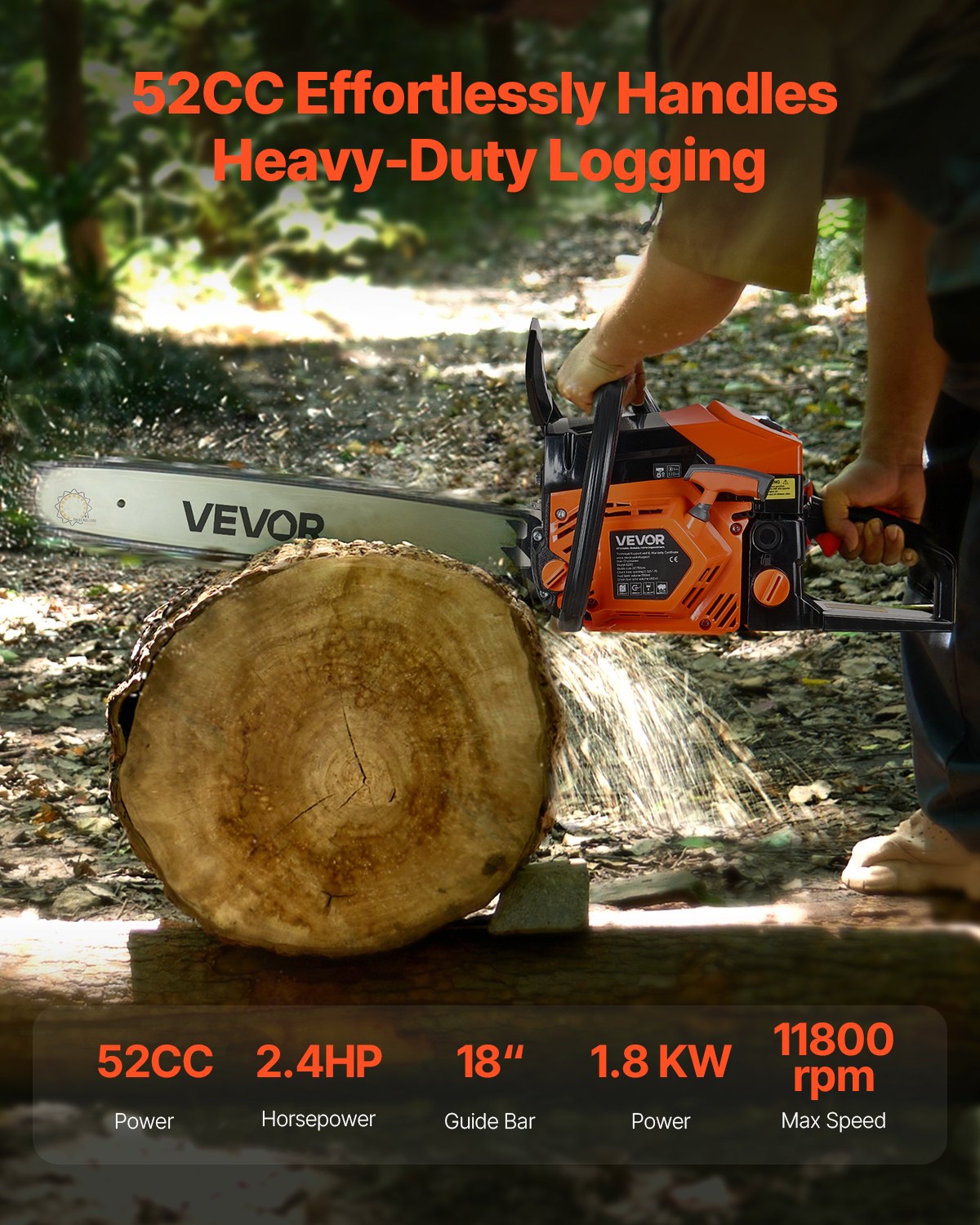 52 cc Gas Chainsaw, 18 inch Gas Powered Chainsaw, 2.4 HP Power Chain