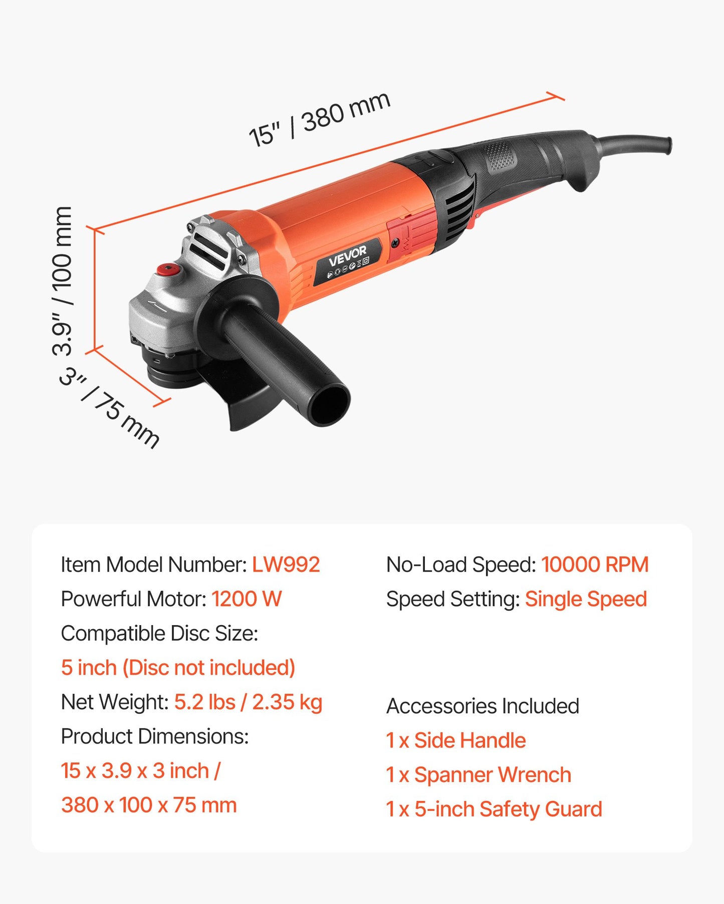 Angle Grinder, 127mm Electric Grinder Power Tool, 5.4Amps 10000RPM