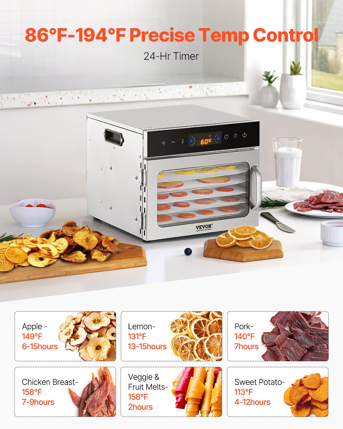 Food Dehydrator Machine, 6 Stainless Steel Trays, 400W Electric Food