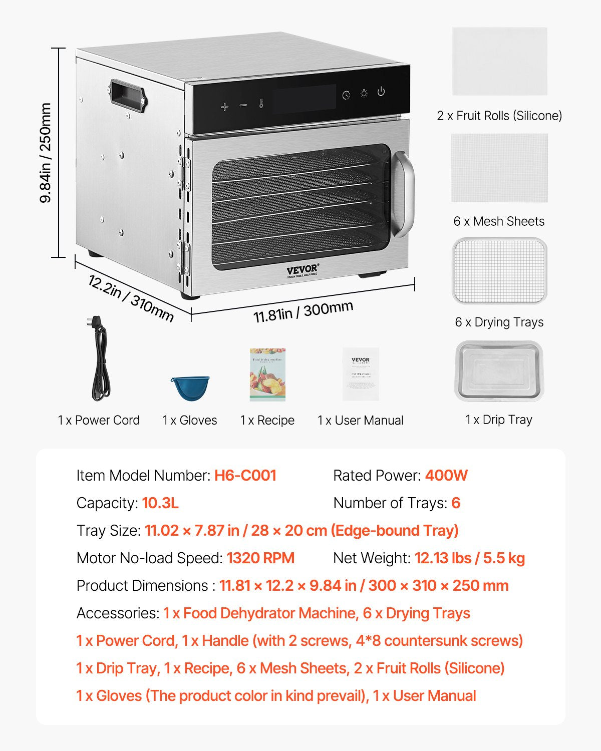 Food Dehydrator Machine, 6 Stainless Steel Trays, 400W Electric Food