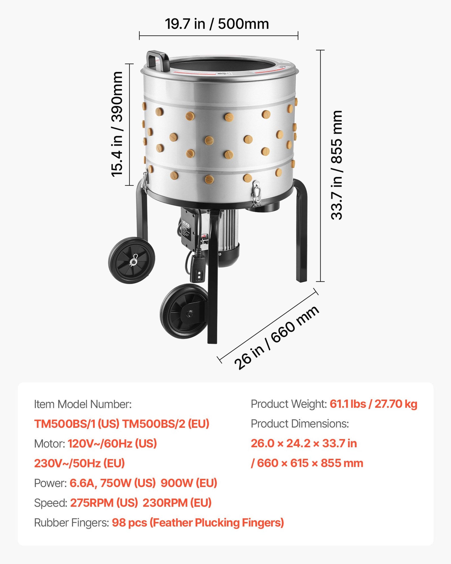 Chicken Plucker Machine, 500mm Drum, 900W & 230RPM Electric Chicken