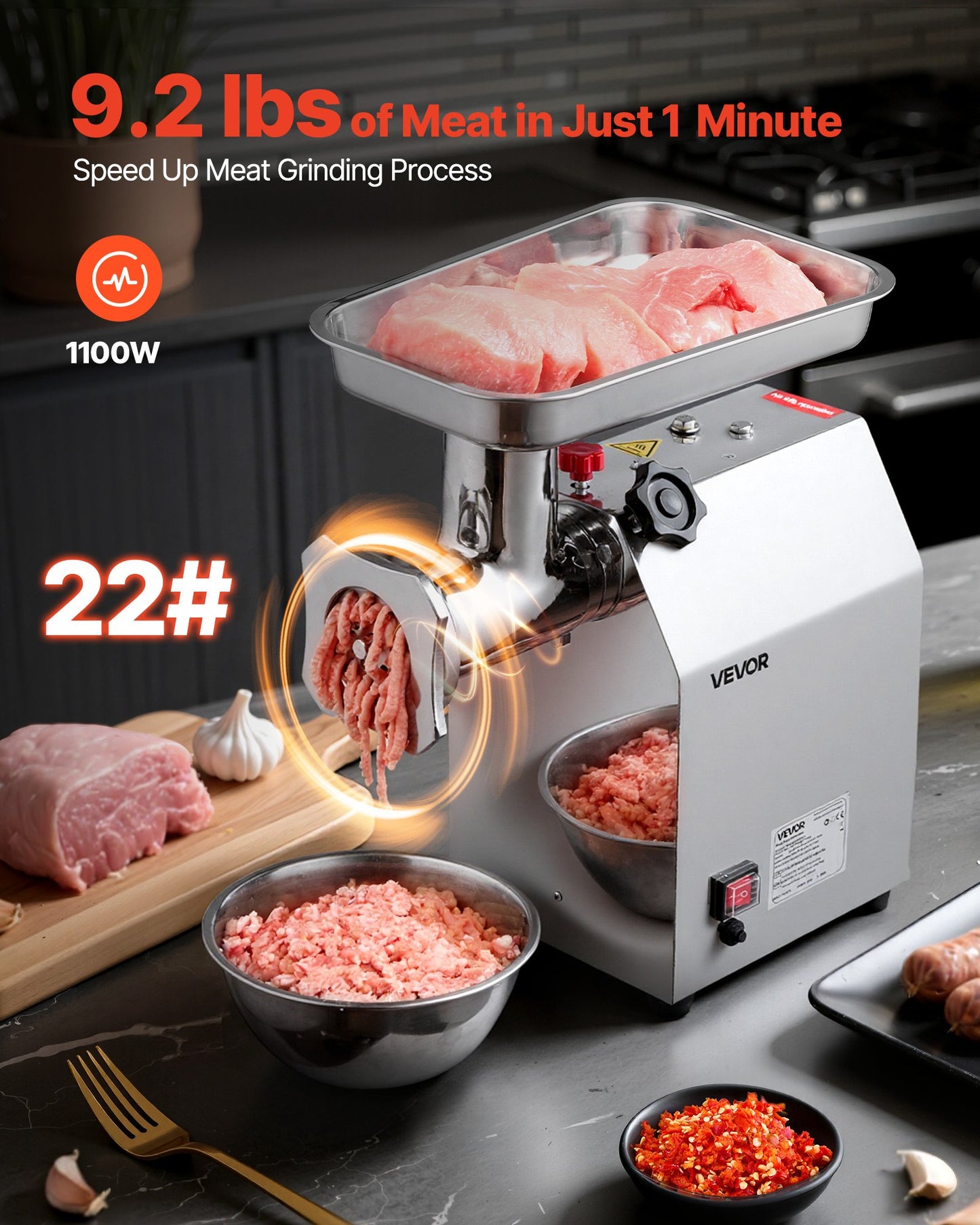 Commercial Electric Meat Grinder, 4.2 kg/min Capacity, #22 Industrial