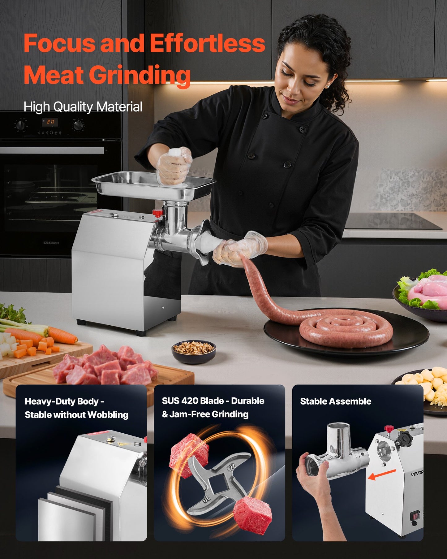 Commercial Electric Meat Grinder, 4.2 kg/min Capacity, #22 Industrial