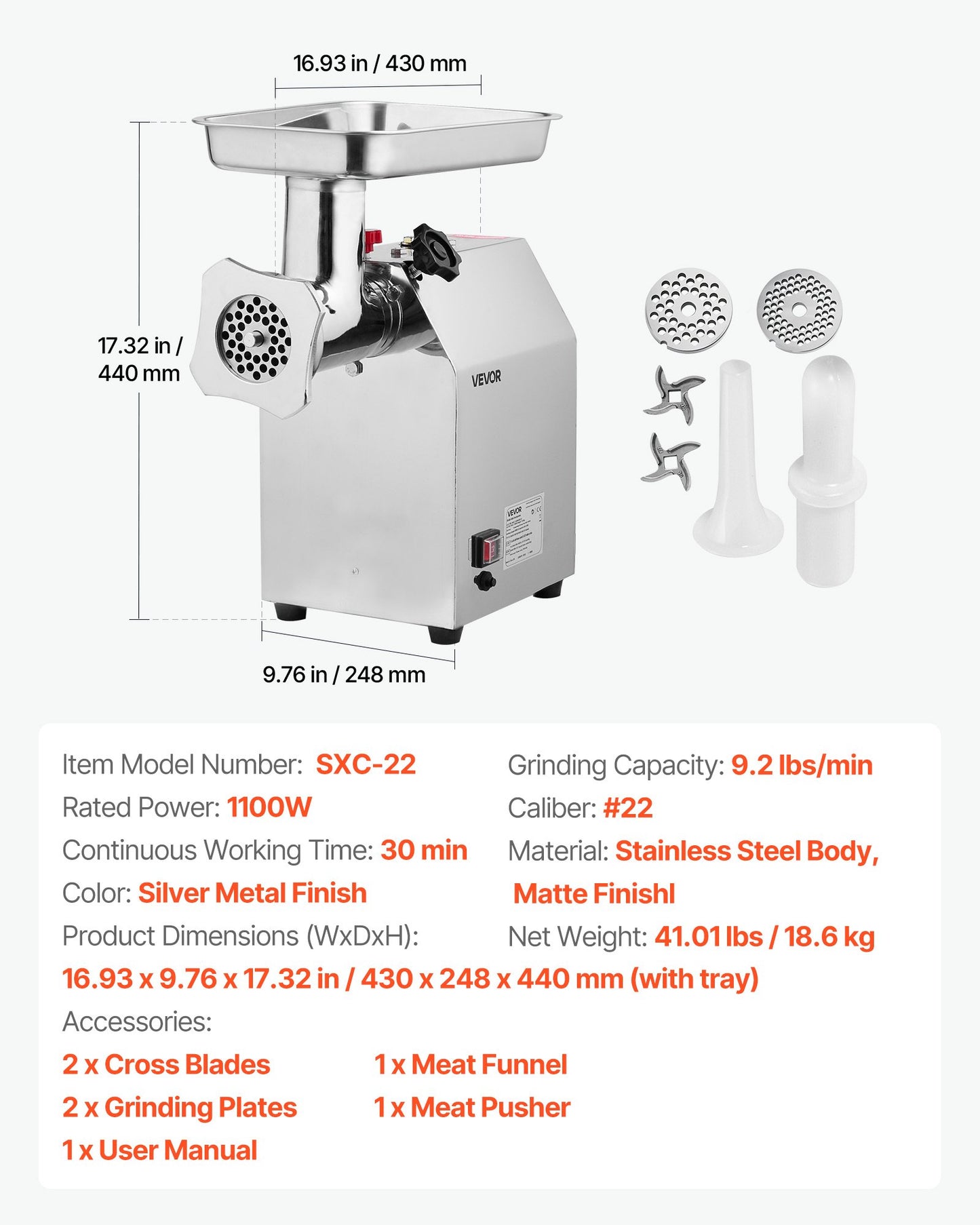 Commercial Electric Meat Grinder, 4.2 kg/min Capacity, #22 Industrial