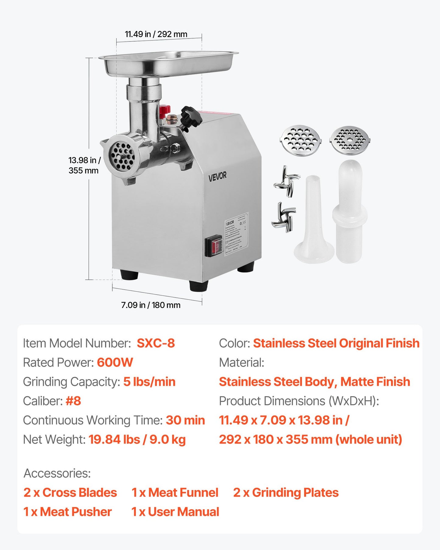 Commercial Electric Meat Grinder, 2.27 kg/min Capacity, #8 Industrial