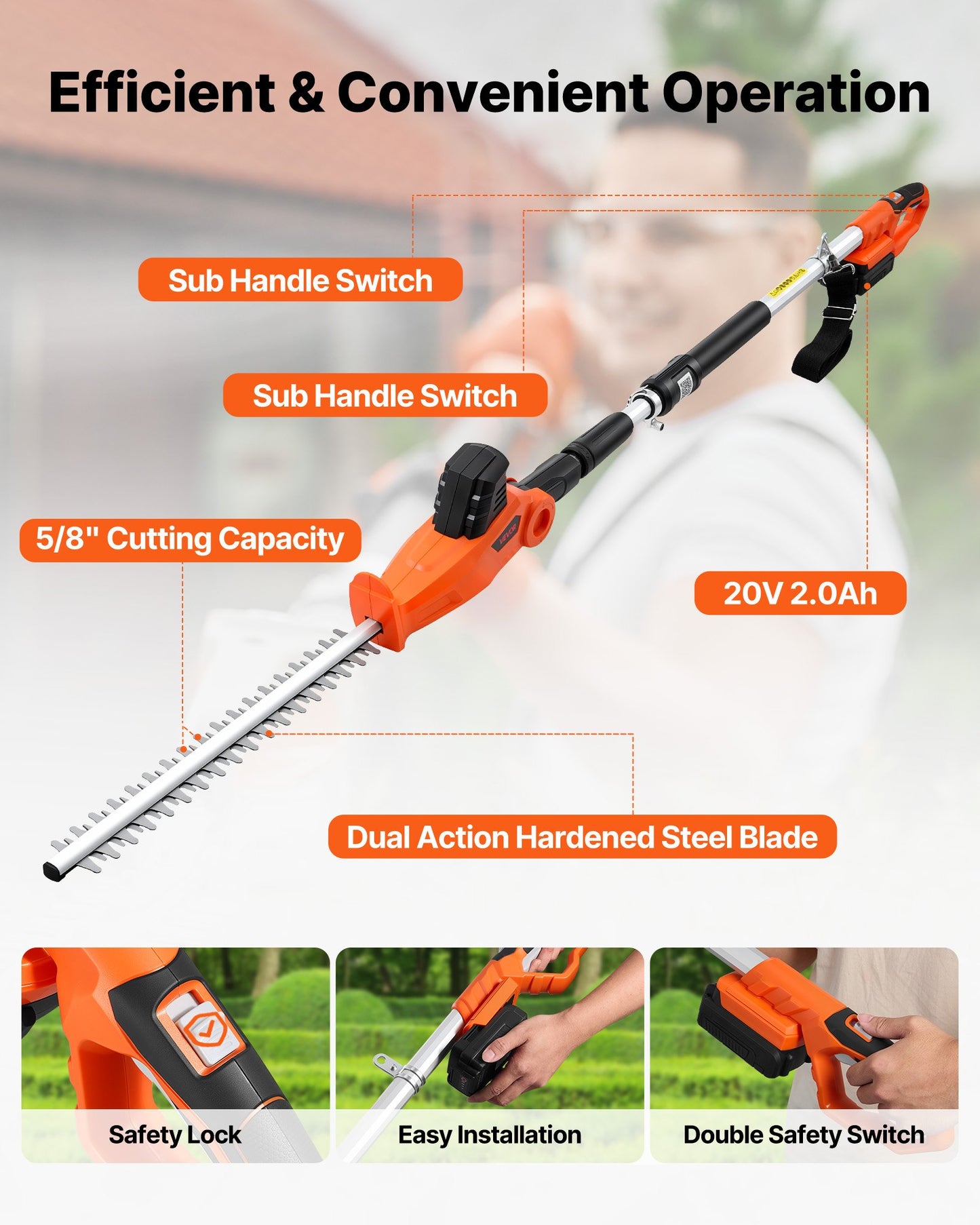 Cordless Pole Hedge Trimmer, 20V Electric Bush Trimmer Kit with 457.2
