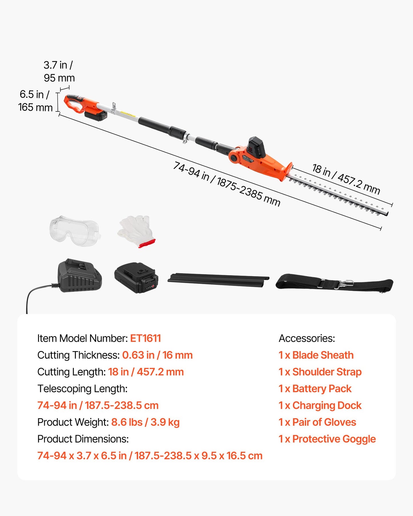 Cordless Pole Hedge Trimmer, 20V Electric Bush Trimmer Kit with 457.2