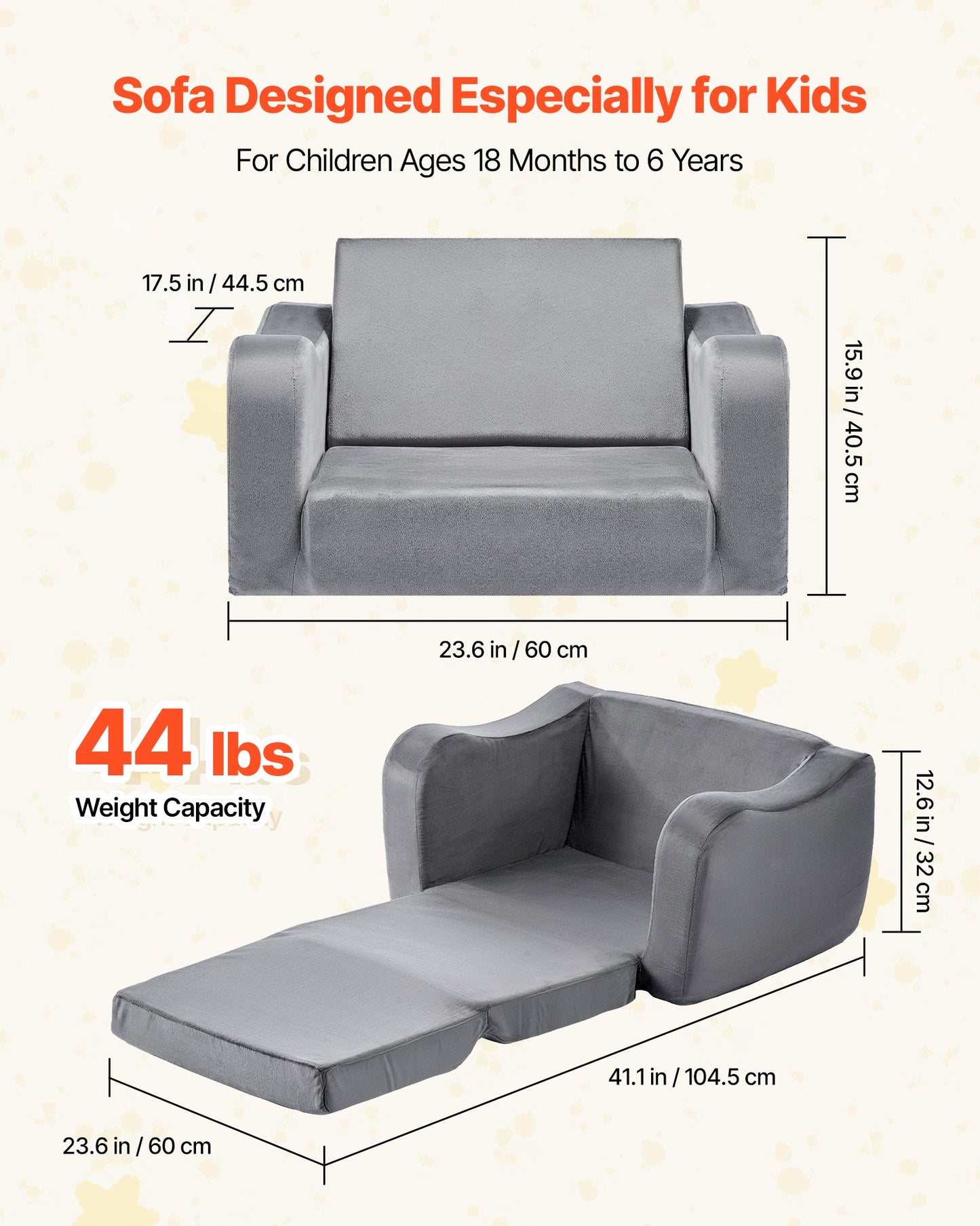 2-in-1 Kids Sofa, Foldable Toddler Soft Couch with Armrests, Made of