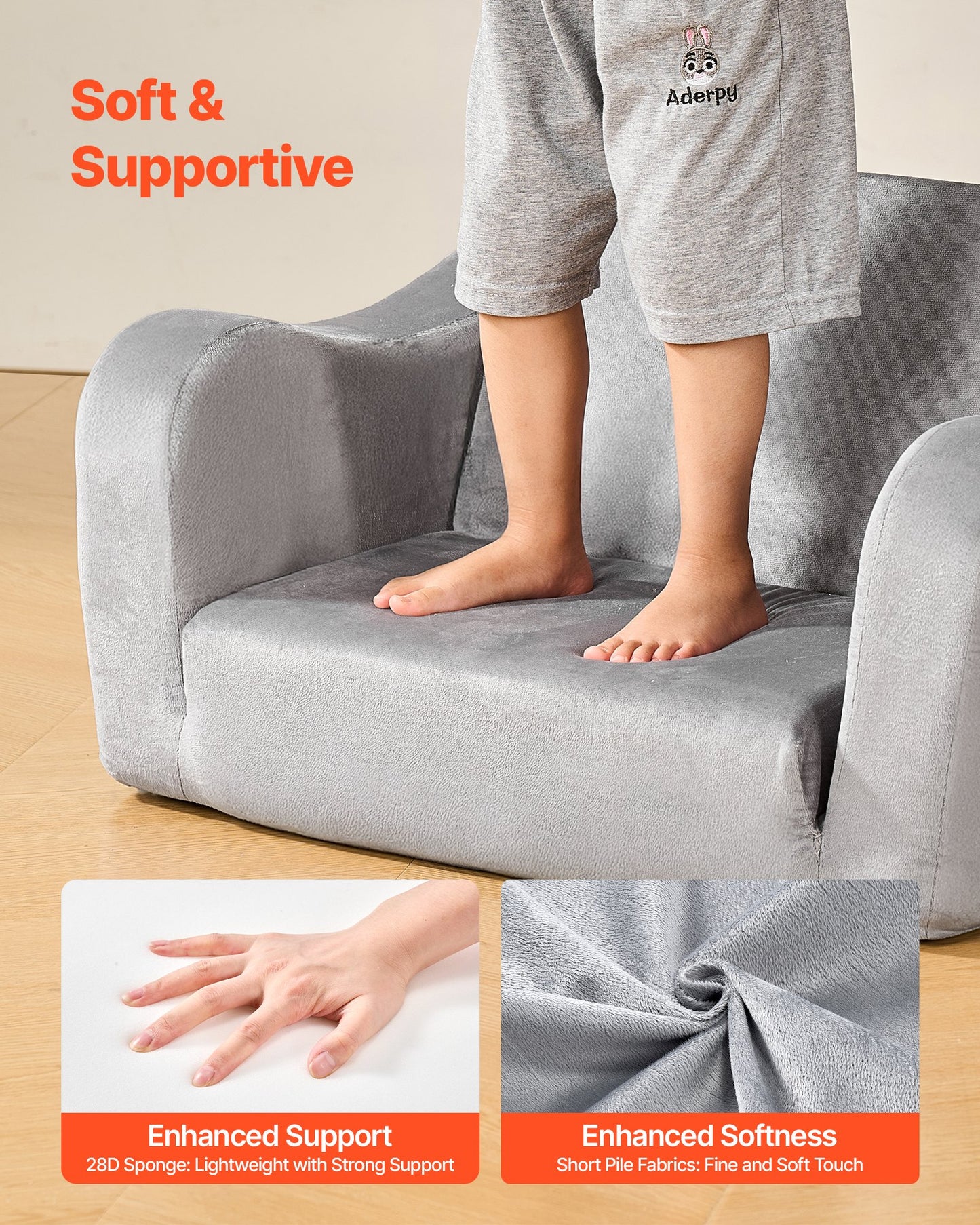 2-in-1 Kids Sofa, Foldable Toddler Soft Couch with Armrests, Made of
