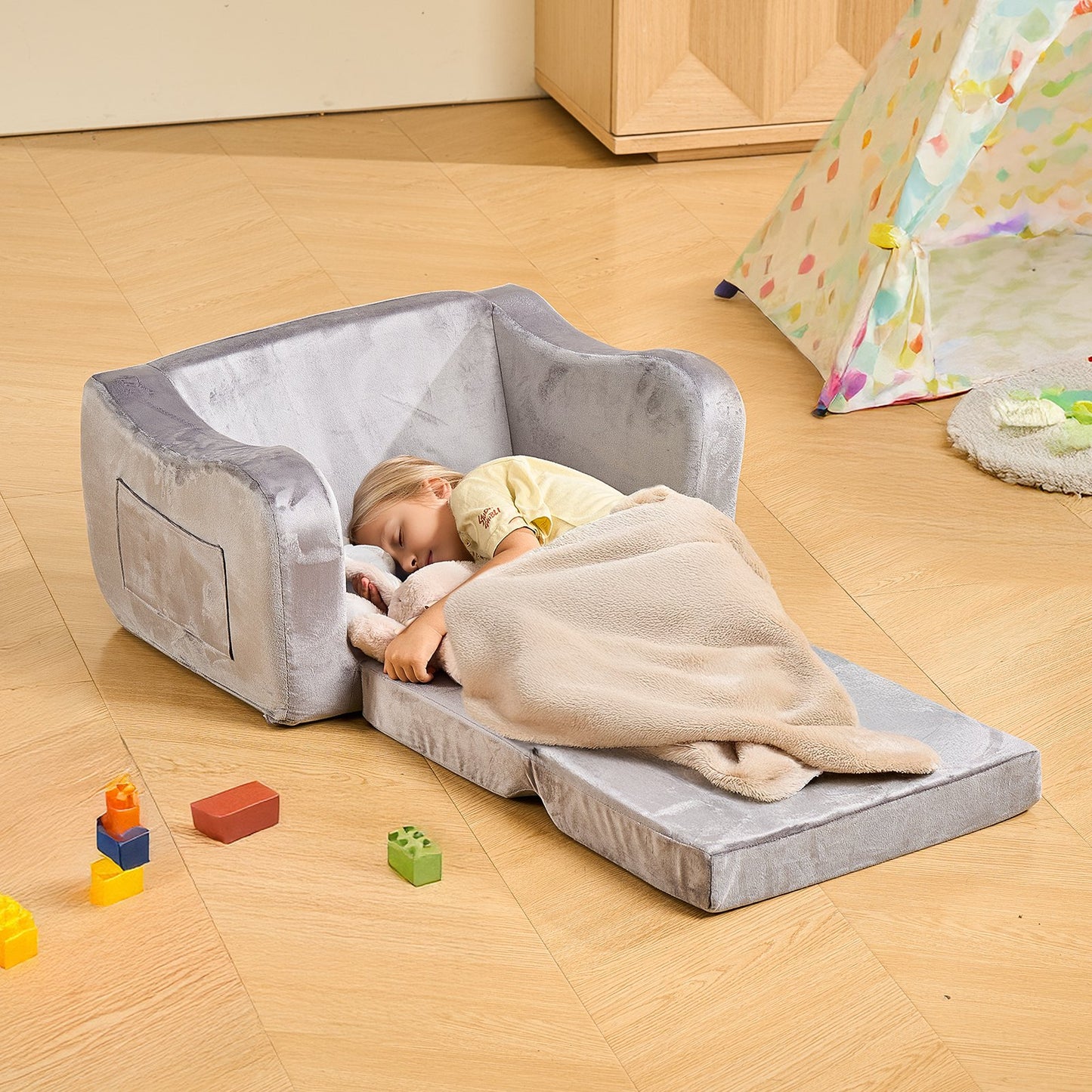 2-in-1 Kids Sofa, Foldable Toddler Soft Couch with Armrests, Made of