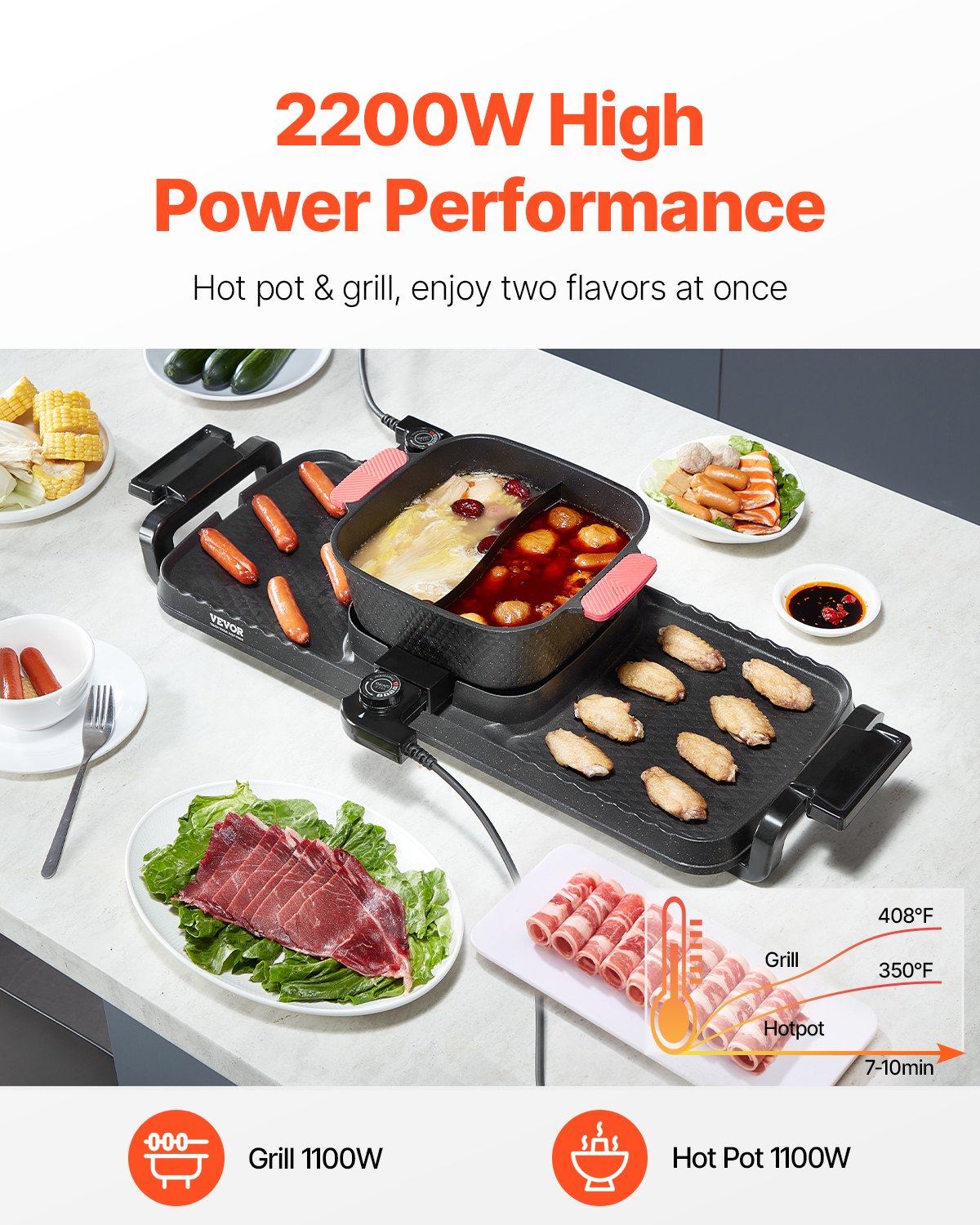 Hot Pot with Grill, 2300W 2-in-1 Electric Smokeless Grill and Hot Pot,